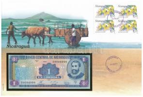 Nicaragua 1990. 1C borítékban, alkalmi bélyeggel és bélyegzéssel T:I Nicaragua 1990. 1 Cordoba in envelope with stamps and cancellations C:UNC