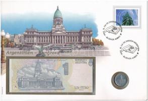 Argentína érmés és bankjegyes, pecsételt boríték benne 1984. 1P Al érmével és 1993. 1P bankjeggyel a PHILSWISS kiadásában, német leírással T:1,I
