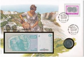 Argentína érmés és bankjegyes, pecsételt boríték benne 1959. 1P Ni-acél érmével és 1985-1989. 1A bankjeggyel a PHILSWISS kiadásában, német leírással T:1,I