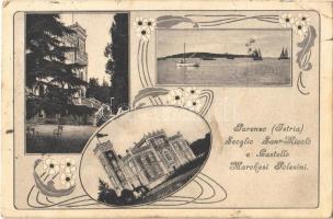 Parenzo, Porec (Istria); Scoglio San Nicolo e Castello Marchesi Polesini / castle, sailing vessels. Art Nouveau, floral (EK)