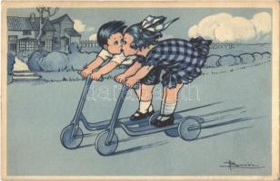 Children kissing on kick scooters. Italian art postcard. Anna & Gasparini 541-1. s: Busi