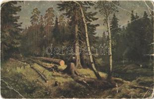 Abattage darbres / Tree felling, art postcard s: I. I. Shishkin (EB)