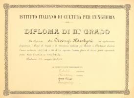 1937-1939 Instituto Italiano di Cultura per LUnhgeria által kiállított 3 db oklevél