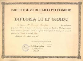 1937-1939 Instituto Italiano di Cultura per L'Unhgeria által kiállított 3 db oklevél