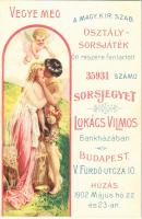 1902 Vegye meg a Magy. Kir. Szab. Osztálysorsjáték ön részére fenntartott sorsjegyét Lukács Vilmos Bankházában. Budapest VI. Fürdő utca 10. / Hungarian lottery ticket, bank house advertisement card, litho (non PC)