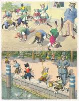 2 db MODERN macska motívumlap, Alfred Mainzer 4878. és Max Künzli No. 4742. / 2 modern cat motive art postcards