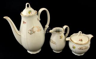 MZ porcelán kávés készlet, 6 db csésze + alj, cukortartó tetővel, tejkiöntő, kávéskanna tetővel, mat...