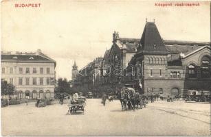 1916 Budapest IX. Központi Vásárcsarnok, lovaskocsik, villamosok, piac, kávéház
