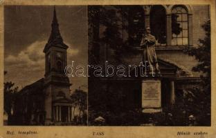 1943 Tass, Református templom, Hősök szobra. Gergely Bálint kiadása (ázott sarok / wet corner)