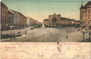 1902 Budapest VII. Központi (Keleti) pályaudvar, vasútállomás, Csömöri út, villamos, Gazdasági Gépek üzlete, utcai árusok. Ganz Antal 113. (fl)