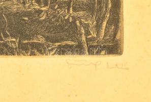 Görög Rezső (1930- ): Erdő szélen. Rézkarc, papír, jelzett, üvegezett keretben, 29,5×39 cm