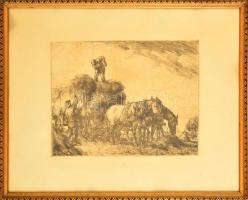 Reich Károly (1922-1988): Szénahordás. Rézkarc, papír, jelzett, üvegezett keretben, 24×31 cm