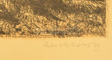 Reich Károly (1922-1988): Szénahordás. Rézkarc, papír, jelzett, üvegezett keretben, 24×31 cm