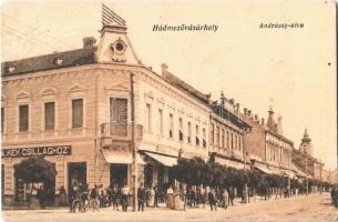 1923 Hódmezővásárhely, Andrássy utca, Vendéglő a Kék Csillaghoz, étterem, üzletek (szakadás / tear)