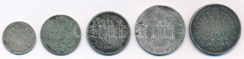 Ausztria 1838-1913. 10kr-2K Ag (5xklf) sérült osztrák ezüstpénz tétel T:2,2-,3 patina Austria 1838-1913. 10 Kreuzer - 2 Corona Ag (5xdiff) damaged Austrian silver coin lot C:XF,VF,F patina