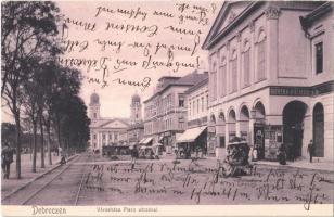 1905 Debrecen, Városháza Piac utcával, piaci árusok, Bartha Kálmán üzlete, Református nagytemplom