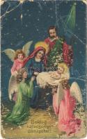 1910 Boldog karácsonyi ünnepeket!, üdvözlőlap / Baby Jesus in the manger, Virgin Mary, St. Joseph, angels, Christmas greeting card, litho (fa)