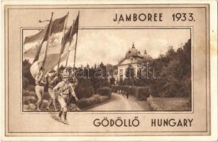 Gödöllő, Cserkész Jamboree 1933 / International Scouting Jamboree in Hungary, boy scouts with flags