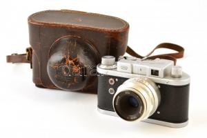 MOM Mometta Junior (606730) 24x32 mm fényképezőgép MOM Ymmar 1:3,5/50 mm objektívvel, eredeti bőr tokjában, jó állapotban, apró sérülésekkel / MOM vintage Hungarian camera with original leather case