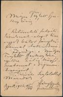 1926 Háry Gyula (1864-1946) festőművész saját kézzel írt levele egy újság szerkesztőjének, melyben megköszöni díjazását és megküldi fényképét