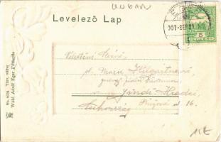 1907 Eger, látkép. Kiadja Wahl Adolf No. 6034. Szecessziós dombornyomott virágos litho keret / Art N...