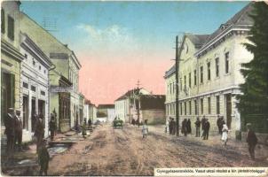 1916 Gyergyószentmiklós, Gheorgheni; Vasút utca, Királyi Járásbíróság, férfi és úriember ruha raktár / street, county court, shop (EK)