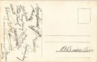 1915 Szatmárnémeti, Szatmár, Satu Mare; diákok rózsával a zakójukon. Friss Lenke felvétele, hátoldal...