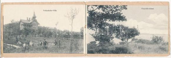 Fonyód, korai leporelló, 4 lap 8 képpel: Márffy villa, Várhegy és Balaton, Fürdőtelep, Kápolna, Vasú...