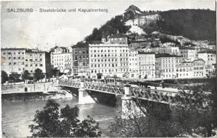 1915 Salzburg, Staatsbrücke und Kapuzinerberg / bridge, tram, hill + K.u.K. Spitalszug Nr. 26. K.u.K. Verköstigungsstation in Salzburg Hauptfeldpostamt 630.