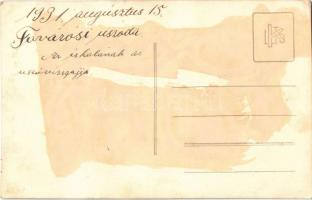 1931 Tata, Tóvárosi uszoda, iskola úszóvizsgája, csoportkép az ugrótoronynál, katonák / Hungarian sw...