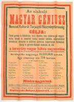 1920 Az alakuló Magyar Géniusz Nemzeti Kultúrát Terjesztő Részvénytársaság plakátja, hajtott, szakadással, 63×45 cm