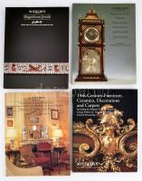 1990-1999 4 db Sotheby katalógus: Sotheby's Magnificent Jewels & Moritz. 1990.; Important Clocks, Watches, Wristwatches, Barometers and Scientific Instruments. 1991.; Succession Charles Hathaway. Ancienne Collection Hubert de Saint Senoch. Oevres de l'Atelier Jean Hugo. 1992.; 19th Century furniture, ceramics, decorations and carpets. 1999. Angol nyelven. Kiadói papírkötésben, változó állapotban.