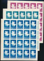 1938 Magyar Nemzeti Nyomtatványkiállítás levélzáró vágott 25-ös kisívek 3 színben. Egy bélyegen betapadás