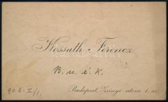 1908 Kossuth Ferenc (1841-1914) kereskedelemügyi miniszter saját kézírásával írt BÚÉK üzenete névjegykártyáján