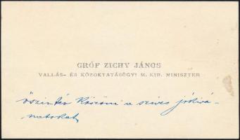 cca 1900 gr. Zichy János vallás és közoktatásügyi miniszter saját kézírásával írt üzenete névjegykártyáján