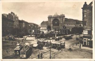 Budapest VII. Keleti pályaudvar, vasútállomás, Baross szobor, villamosok, drogéria, Kereskedelmi hitelbank. Erdélyi felvétele