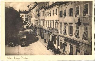 1935 Pola, Pula; Largo Oberdan / street, autobuses, Sartoria, Birra Dreher, Caffee Espresso (EK)
