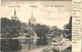 1905 Budapest XIV. Városliget, Vajdahunyad vára, montázs parton ülő hölggyel (EB)