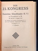 Der 20. Kongress des Deutschen Schachbundes (E. V.) Berlin. 1920.+Der 23. Kongress des Deutschen Schachbundes (E.V.) im Frankfurt a. M. 28. Juli bis 11. August 1923. (Egybekötve.) Leipzig,(1920-1923),Hans Hedewigs Nachfolger, 155+1+4+108+4 p. Német nyelven. Átkötött félvászon-kötés, az eredeti papírborítókat bekötötték.