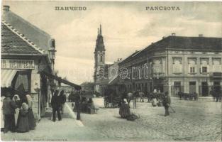 1907 Pancsova, Pancevo; utca, piaci árusok, Nemcek üzlete / street, market vendors, shops