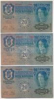 1913. 20K II. kiadás (3x) mindhárom piros "Deutschösterreich" felülbélyegzéssel T:III közt...