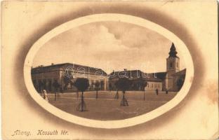 Abony, Kossuth tér, Perényi Ignác üzlete, Református templom. Müller Mór kiadása (EK)