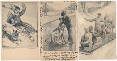 5 db RÉGI motívum képeslap: téli sport, szánkó / 5 pre-1945 winter sport motive postcards: sleigh, sledding