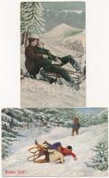 5 db RÉGI motívum képeslap: téli sport, szánkó / 5 pre-1945 winter sport motive postcards: sleigh, s...