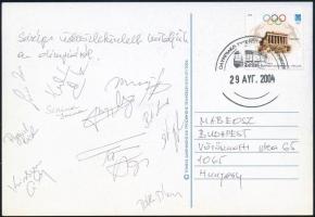 2004 A magyar női kézilabda válogatott tagjai által aláírt, az olimpiáról küldött képeslap, rajta Radulovics Bojana, Sirina Irina, Lovász Zsuzsanna, Pigniczki Krisztina, és mások aláírásaival.