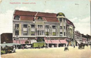 1914 Nagykanizsa, Központi szálloda, Singer József és Társa üzlete, zágrábi szállító vagonja, piaci árusok (lyuk / pinhole)