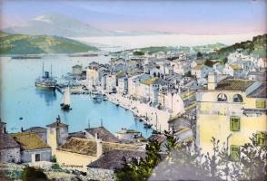 Lussinpiccolo/Mali Lošinj adriai kikötő várost ábrázoló, gyöngyházberakással díszített kép, fa keretben, keret: 18x20 cm és 12x17 cm