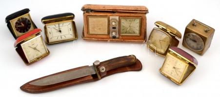 26 darabos utazóóra gyűjtemény, rádióba épített  egy darab, agancsnyeles vadászkés. Bőr aktatáskában