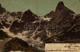 1904 Tátra, Magas Tátra, Vysoké Tatry; Zöld-tó és Karbunkulus-torony. F. Pietschmann 931. / Grüner See u. Karfunkelturm / Jastrabia veza, Zelené pleso, chata / lake, mountain peak, chalet (fl)