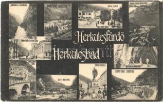 1907 Herkulesfürdő, Herkulesbad, Baile Herculane; Cserna-völgy, Görögkeleti templom, látvány a Coronini magaslatról, Mária fürdő és Stefánia szálló, Ferenc József udvar, vízesés, Herkules kút, Szapáry fürdő, Rablóbarlang. Eberle Keresztély kiadása / valley, Orthodox church, general view, spa, baths, hotel, waterfall, fountain, cave (vágott / cut)